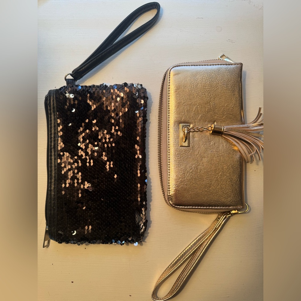 Black Sequin Clutch and Gold Metallic Wallet